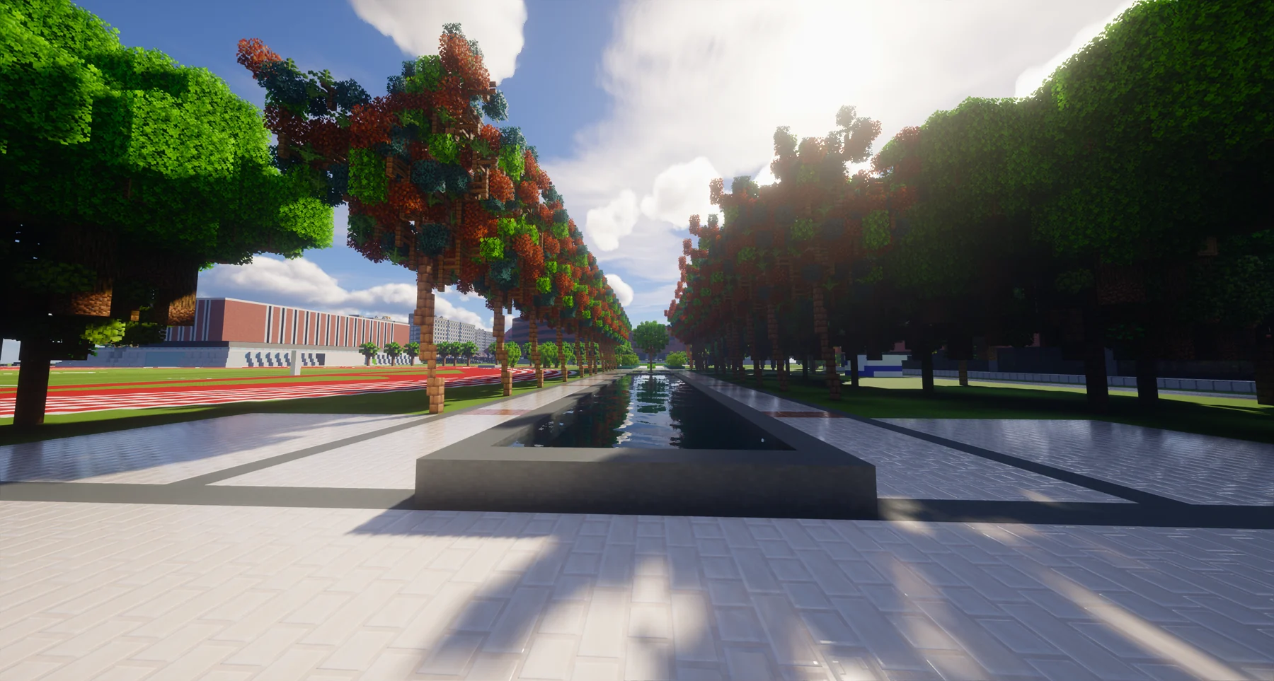 温州商学院 Minecraft 校园复建中的树荫步道与周边建筑