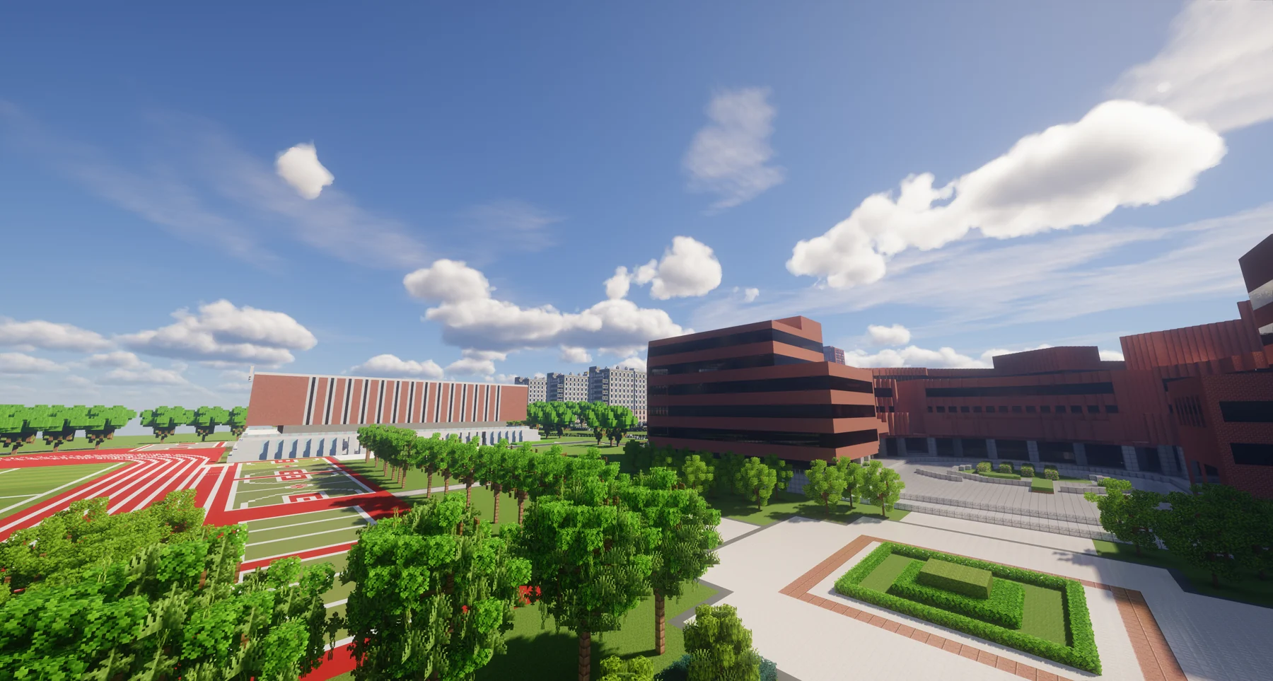 温州商学院 Minecraft 校园复建全景,运动场与教学建筑